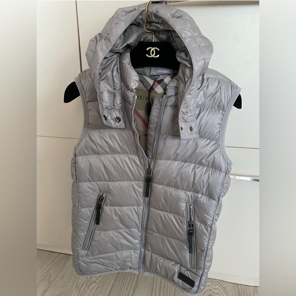 Burberry Jackets & Blazers - Burberry Silver Quilted Hooded Vest